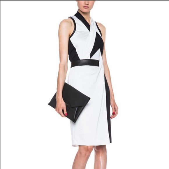 HELMUT LANG  TWISTED DRAPE GRAINED VISCOSE LEATHER TRIM DRESS Black + White SZ 0 - Picture 1 of 16